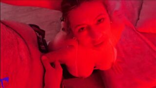 Sexually excited Latin chick MILF in Red Light Spits on Penis, Sucks Balls, Gives Handjob and Facial Ejaculation