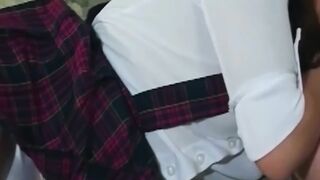 Mature Brunette MILF in Plaid Skirt Gets Fingered and Banged