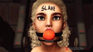 Thong-on attack! Lustful lesbian golden-haired slut in restraints gets banged hard