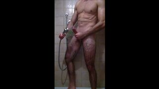 Sexy shower with pleased ending playing with the showerhead on my glans