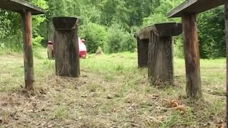Golden-haired Masturbates Hard with Purple Sex tool Outdoors
