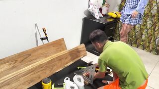 The carpenter gets a lovely surprise when the charming housewife returns early and catches him on the job.