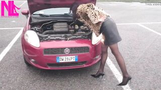 Hawt Speedy Driving in Patent Black Pumps and Seamed Black Pantyhose