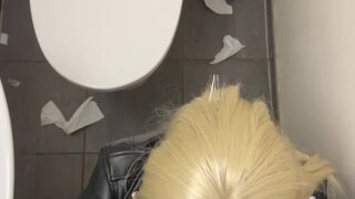 Golden-haired girl drilled loud in public bathroom