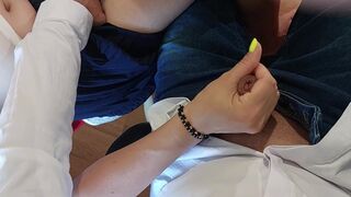 Masturbating at school under the table with the assist of classmate! Filled her hand with Cum!