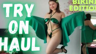 Try on Shiny Green Micro Bikini Beach Walk on Treadmill with Countdown