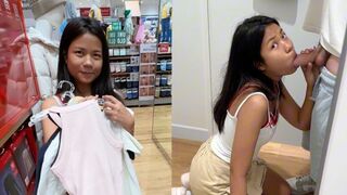 An 18-year-old Thai angel sucks me in a fitting room and I end up in her mouth
