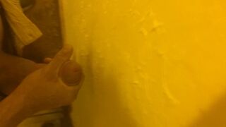 Jerk off and cum in public toilet, almost caught