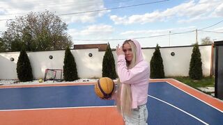 She wanted to throw the ball into the hoop, but it all ended with cum on her butt.