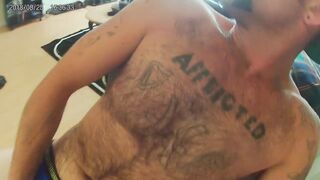 HIRSUTE Tatted husband jerking off himself
