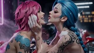 Jinx and Vi Washing the Red Ferrari Soaked and Soapy