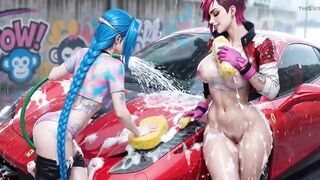 Jinx and Vi Washing the Red Ferrari Soaked and Soapy