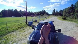 Playing with wang on truck hood