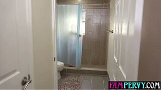 Showering petite teen step sister calls step brother inside to help and rail her