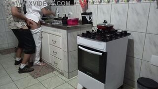 Maid had her ass used while washing dishes.