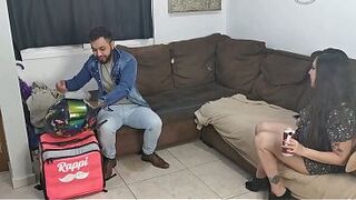 No money for the delivery guy, we make a decision to fuck him instead. My girlfriend squirts so hard during the time that he's playing with us