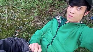 Jon Arteen gay twink's soft strokes risky outdoor, uncut foreskin small dong, caught or not