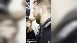 Hot daddy gives hot fellatio to hawt hunk in public washroom