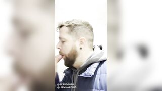 Hot daddy gives hot fellatio to hawt hunk in public washroom