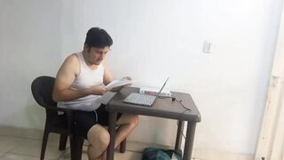 Colombian stepbrother studies on laptop while Venezuelan stepsister sucks his wang, scoops out his milk and swallows it