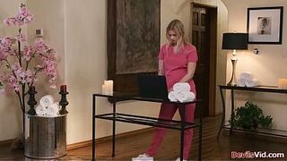 Masseuse Sky Wonderland denied the clients plead for cancellation.The big breasts golden-haired gives him a nuru massage service where she lets him bang her.