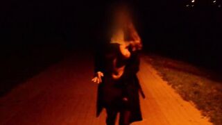 In public. Exposed in the park at night. No panties bald pussy.
