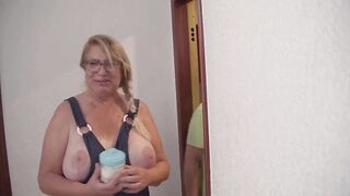 Busty older woman, Senora Fina, desires sex and asks neighbor for help while nude
