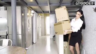 Package Delivery Drives Busty Dark Haired MILF to Solo Sex-toy Play in Stockings