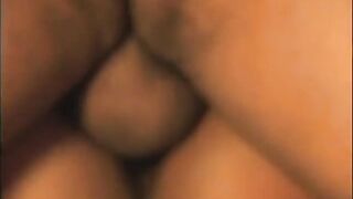 Busty golden-haired ebony gets her tight wet holes double penetrated by two chaps