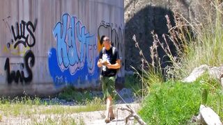 Slut bends over as a biggest jock drills her booty on the shore