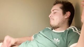 Tattooed man trying to get his schlong up for hard masterbation big cumshot