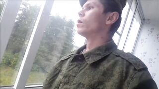 Russian soldier smokes, spits, and masturbates his obscene jock and cums on his army shoes