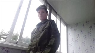 Russian soldier smokes, spits, and masturbates his obscene jock and cums on his army shoes