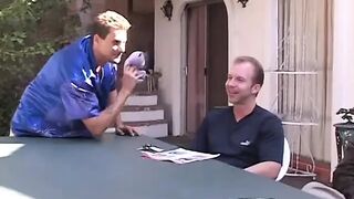 Excited black haired cutie sucks and fucks four men by the pool