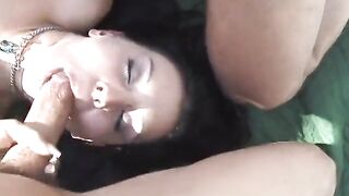 Excited black haired cutie sucks and fucks four men by the pool