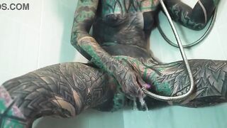 Bizarre Anal Shower Play by Heavily Tattooed Model – Solo Anal Masturbation