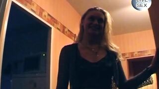 Blonde Fingers Bushy Cunt with Toy on Couch