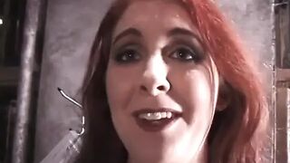 Beautiful playgirl slaps serf chap's ass and makes him suck her boobs on the floor