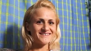 Golden-haired teen at casting showing her petite tits