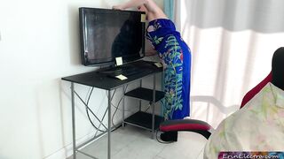 Stepmom gets stuck in a desk and stepson fucks her