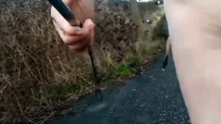 Naked with and without wang pump at side of busy road