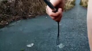 Naked with and without wang pump at side of busy road