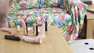 Overweight MILF moans as she thrusts her bald cunt with a biggest sex-toy