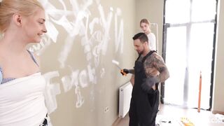 Golden-haired hotties love butt slam at work