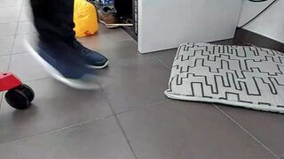 Hunk Shoeplay with beach ball in Under Armor, Vans Slip Ons, Black Socks