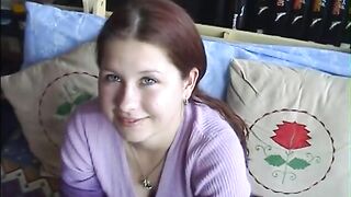 Young brunette disrobes and gives hard wang a hungry blow job