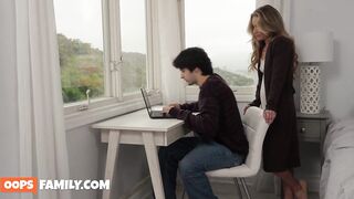 Blonde MILF Athena Anderson reduced stepson’s stress with a fellatio and her wet hairless vagina screwing