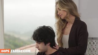 Blonde MILF Athena Anderson reduced stepson’s stress with a fellatio and her wet hairless vagina screwing