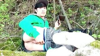 Risky masturbation outdoors a guy's voice caught this cute homosexual twink with his nuts hanging out, stroking his uncut foreskin, his ass hole undressed