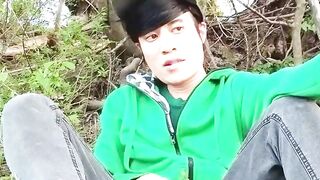 Risky masturbation outdoors a guy's voice caught this cute homosexual twink with his nuts hanging out, stroking his uncut foreskin, his ass hole undressed